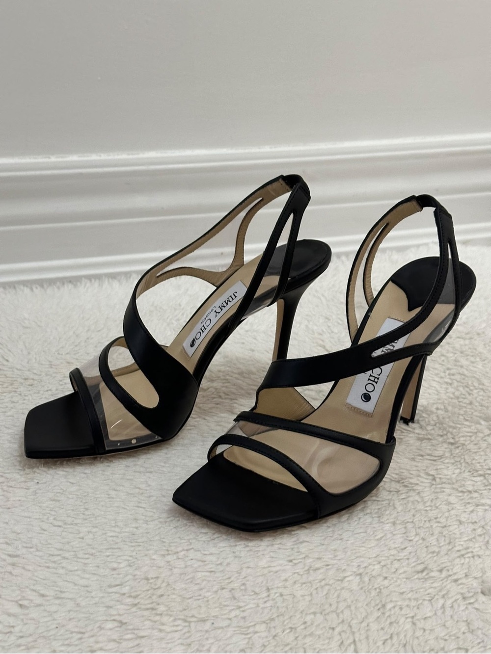 Jimmy Choo Black Strappy Square-Toe Stiletto Sandals